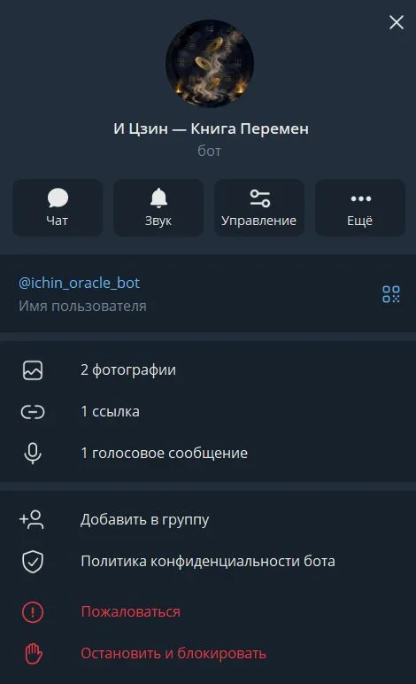 Профиль бота «И Цзин — Книга Перемен» в Telegram