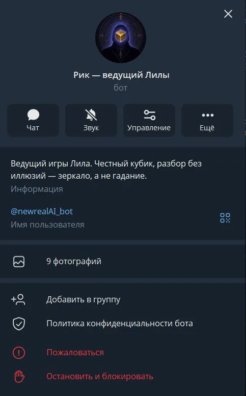 Профиль бота «Рик — ведущий Лилы» в Telegram с описанием: честный кубик, разбор без иллюзий